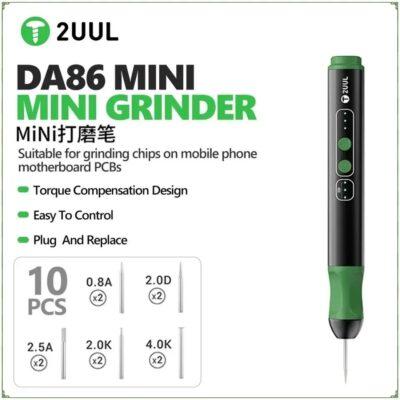2UUL DA86 Mini Grinder, a cordless engraving pen designed for phone repair.It features 5-speed adjustable gears, a direction switch for forward and reverse, and is compatible with various grinding heads.The device is powered by a 320mAh rechargeable lithium battery charged via USB Type-C