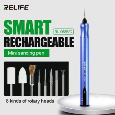 Relife RL-068C smart rechargeable mini sanding pen.t is a multifunctional tool suitable for motherboard grinding, polishing, chip removal, and cutting.The pen features 3 adjustable gears for speed control and operates at a maximum speed of 12000r/min. It includes a 650mAh capacity battery that charges via DC 5V.