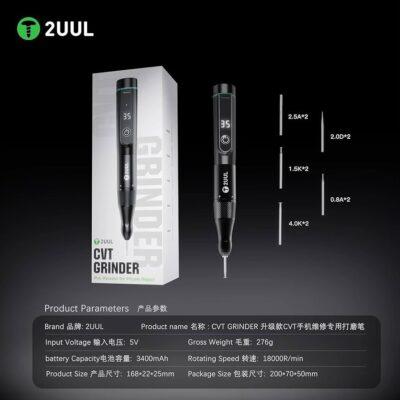 2UUL DA84 CVT Grinder Pro, a specialized rechargeable tool designed for mobile phone motherboard repair.It operates at a rotating speed of 18000R/min and features a battery capacity of 3400mAh.The package includes the grinding pen along with various precision bits for tasks like polishing and BGA removal.