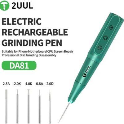 2UUL DA81 rechargeable polishing pen features a teal-colored body and multiple speed settings for precision repair work.It comes with five different grinding heads designed for tasks like IC chip grinding, motherboard cutting, and edge polishing.The tool is designed for ergonomic comfort, utilizing a "long gourd" shape that is easier to hold during high-speed, low-vibration operation.It is powered via a USB connection and is specifically intended for mobile phone and tablet repair.