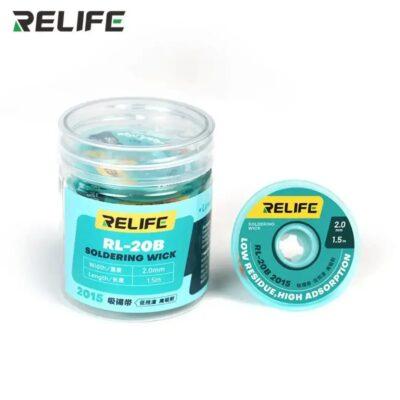 Relife RL-20B soldering wick designed for desoldering electronic components.The wick measures 2.0mm in width and 1.5m in length, featuring low-residue performance.