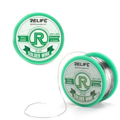 Relife RL-442 solder wire spool featuring a green plastic housing.The wire has a diameter of 0.3mm and is composed of a 35/65 tin/lead alloy.The spool contains a net weight of 80g of solder