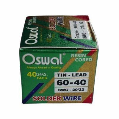 This is a 40-gram spool of Oswal resin-cored solder wire, specifically formulated for electronics and printed circuit board (PCB) soldering. The wire is made of a 60/40 tin-lead alloy, featuring a melting point of approximately (190^{circ }text{C}).