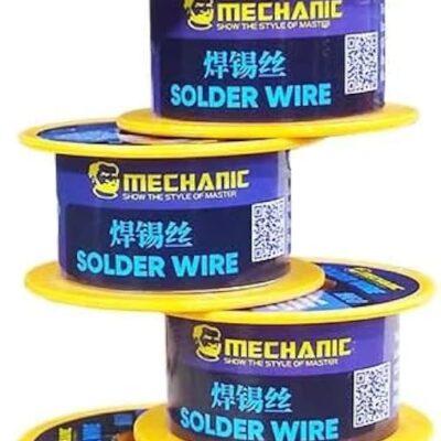 Mechanic M60 solder wire spools, typically used for electronics and mobile phone repair.The spools are labeled for various gauges, such as 0.3mm, 0.5mm, and 0.6mm.The wire is described as high-purity, active, medium-temperature solder with a rosin core for better soldering effects