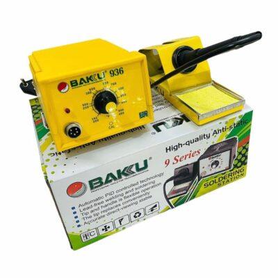 This is a Baku 936 soldering station, a yellow temperature-controlled unit designed for electronics work.It operates with 50W to 60W of power and features an adjustable temperature range between 200°C and 480°C.The station includes an ESD-safe design to protect sensitive components and comes with a integrated holder and cleaning sponge.The model features automatic PID technology for stable temperature management during soldering tasks