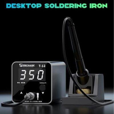 This is a Mechanic T-12 Intelligent LED Digital Display Desktop Soldering Station featuring a compact design and 5-speed memory function.It operates within a temperature range of 180°C to 450°C and is compatible with all T12 series soldering iron tips.The station includes an aluminum alloy body, a 2.3-inch LED display, and a dedicated soldering iron holder/stand.