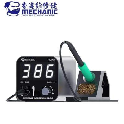 This is a Mechanic T-210 desktop soldering station, featuring an intelligent LED digital display.It includes a compact, all-metal body with a 210 series heating core and a dormant soldering iron seat.The system has a temperature display in Celsius and includes short circuit protection for electronics repair.The package generally contains the soldering station, iron handle, iron tip, and power cable.