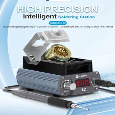his is a Sunshine S2 intelligent soldering station designed for high-precision electronics repair.It features rapid heating, capable of reaching working temperatures in approximately one second.The station includes a digital display and is compatible with C210 series soldering tips.It is suitable for PCB and motherboard repair tasks.