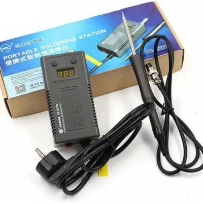 his is a Sunshine SS-927D portable soldering station.It features a digital display for precise temperature monitoring.The unit has a 75W power rating and heats up in approximately 8 seconds.The temperature is adjustable, typically ranging from 180°C to 450°C.