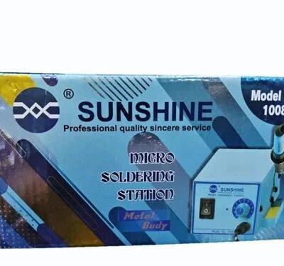 This is a Sunshine Model No. 1008 Micro Soldering Station, which features a metal body for durability.The station operates at 30W and is suitable for precision repair work and micro soldering.It includes analog temperature control with a range typically between 150 to 450.The compact unit is designed to save workspace while providing a reliable soldering iron.