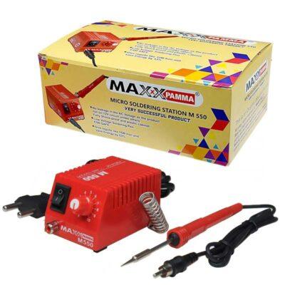 This is a Maxx Pamma M-550 micro soldering station designed for electronics repair.The unit operates on 12V and features a 15-watt soldering iron.It includes variable temperature control via a dial labeled 0 to 10.The station is described as ESD safe with low leakage current.