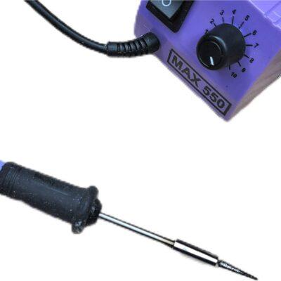 MAX 550 Micro Soldering Station, commonly used for precision work on small electronics and SMD components.It features a purple base unit with an adjustable temperature dial and a slim soldering iron handle.The station operates at approximately 15W to 20W and is popular among hobbyists due to its low cost.