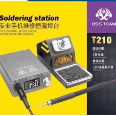 This is an OSS Team T210 professional mobile phone repair soldering station, which features a digital temperature display.The station has a maximum power of 75W and a temperature range of 120°C to 450°C.It includes an auto-sleep function and is designed for rapid warming, capable of melting tin in 2 seconds.The package typically includes the soldering station, iron handle, and tip cleaner.