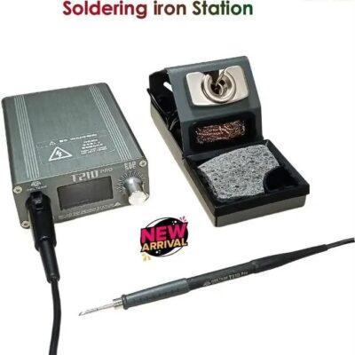 OSS Team T210 Pro, a 75W soldering station featuring a digital display and adjustable temperature control It includes auto sleep functionality for tip protection, fast heating capabilities, and is typically supplied with 3 soldering tips The station operates within a temperature range of 120°C to 450°C