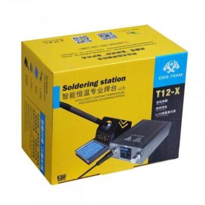 OSS TEAM T12-X soldering station featuring a 72W power rating and an LCD display.The station includes automatic standby, automatic dormancy, and rapid temperature recovery capabilities.It is designed for precision work, such as phone PCB repair, with a temperature range typically between 150°C and 480°C.