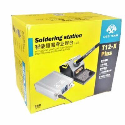 OSS Team T12-X Plus 72W soldering station packed in a yellow and blue box.It features an LCD display for intelligent constant temperature control, ranging from 80°C to 480°C.The package includes the soldering station, a stand, and a T12 soldering iron tip.It is designed for electronics repair, specifically for mobile phones and component rework.