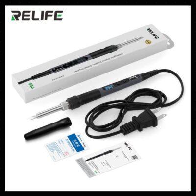 Relife 936 Intelligent Digital Display Soldering Iron, featured in white retail packaging.The tool is rated for 90W of power and features a ceramic heating core for fast heating.It includes a digital display for temperature control, with a range between 120°C and 550°C.The soldering iron has an automatic sleep function to conserve energy when not in use.