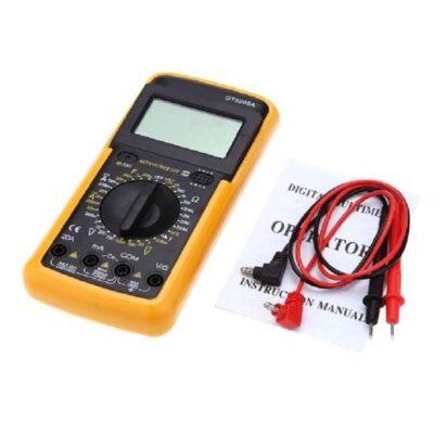 DT9205A digital multimeter used for measuring AC/DC voltage, current, resistance, and capacitance.It features a large, rotatable LCD screen for better readability and a bright yellow protective casing.The device includes a rotary switch for selecting functions and ranges, along with terminal jacks for probe insertion.It comes equipped with red and black testing probes and typically includes automatic power-off functionality to save battery life.