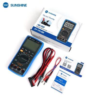 This is a Sunshine DT-17N digital multimeter, often used for phone repair, featuring a blue protective casing.It is an auto-ranging model, meaning it automatically detects the correct measurement range for voltage, resistance, or continuity.The device includes a large digital display and supports temperature measurement for both liquids and solids, ranging from 0°C to 1000°C.The package typically includes the multimeter, testing probes, a user manual, and a certification card