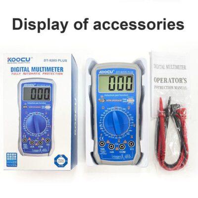 Brand and Model: This is a KOOCU DT-9205 PLUS digital multimeter.Key Features: It is designed for measuring AC/DC voltage and current, resistance, capacitance, and includes diode and transistor testing capabilities.Included Items: The package typically includes the multimeter itself, test leads, and a battery.Safety and Display: The device features a clear LCD screen and provides fully automatic protection for users