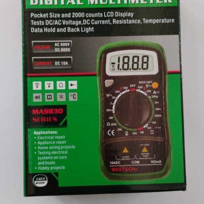 Mastech MAS830L digital multimeter packaged in a green and black box.The device features a 2000-count LCD display with backlighting and holds data.It measures DC/AC voltage up to 600V, DC current up to 10A, resistance, and temperature.It is designed for applications like electrical repair, appliance repair, and home wiring projects