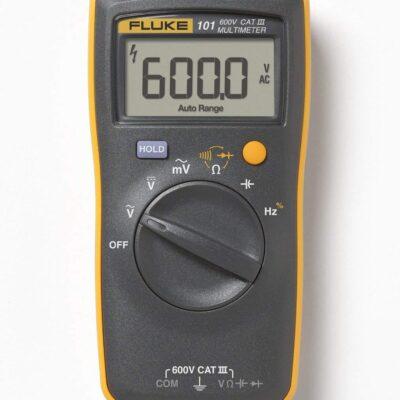 This is a Fluke 101 digital multimeter, a compact tool featuring a yellow holster and a 6000-count digital display.It is designed for basic electrical tests, including AC/DC voltage measurements up to 600V and resistance testing.The device includes continuity tests with a buzzer and is safety rated for CAT III 600 V environments.The unit measures approximately 130 mm in height, 65 mm in width, and 27 mm in depth