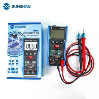Sunshine DT-19N Mini Intelligent Digital Multimeter, a compact device designed for mobile repair and electrical diagnostics.It features a large digital LCD display, true RMS measurement, and automatic power-off functionality to conserve battery life.The multimeter includes a blue protective rubber case and is capable of measuring AC/DC voltage, current, capacitance, and temperature