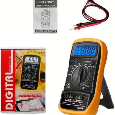 XL830L digital multimeter featuring a yellow protective holster and a blue backlit LCD screen.The device is designed for testing AC/DC voltage, current, and resistance with a maximum display count of 1999.It operates on a 9V battery and includes features such as a data hold function and a transistor test socket.The package typically includes the meter, testing probes, and an instruction manual.