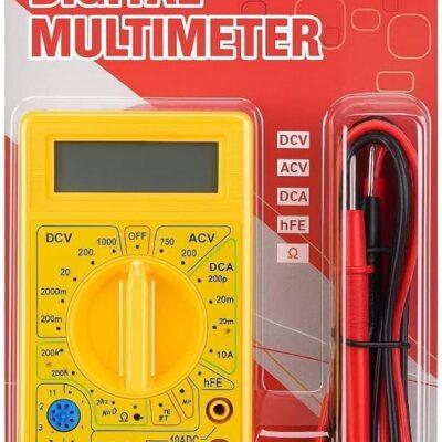 DT-830D pocket-sized digital multimeter in yellow.It is designed to measure AC/DC voltage, DC current, resistance, diodes, and continuity.The package includes the meter, test leads, and sometimes a user manual.It features a digital LCD display and overload protection