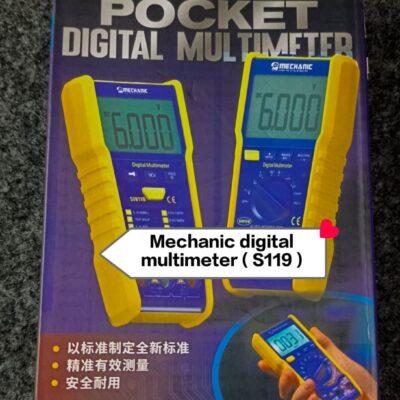 This is a Mechanic S119 pocket digital multimeter designed for electronic repairs.The device features a 6000-count display and automatic ranging capabilities.It supports AC/DC voltage and current measurement, along with resistance and capacitance checks.Key functions include a data hold feature, relative measurement mode, and automatic power-off
