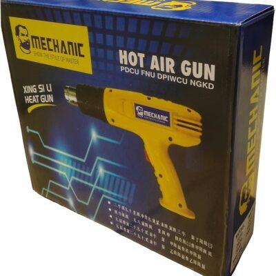 Mechanic branded hot air gun is packaged in a blue and yellow box for tools.The device is designed for tasks such as paint removal, shrink wrapping, and molding plastics.It typically operates with a power rating of 1800W and features dual temperature settings