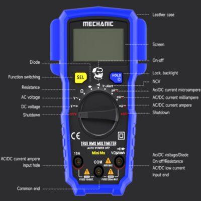 Mechanic Mini Mx digital multimeter, which features a protective blue rubber sheath for durability.The device includes an intelligent anti-burn chip and overload protection to prevent damage from voltage misalignment.It is equipped with a non-contact voltage (NCV) detection function and a backlit LED screen.The multimeter is powered by batteries and typically measures AC/DC voltage up to 600V and current up to 10A