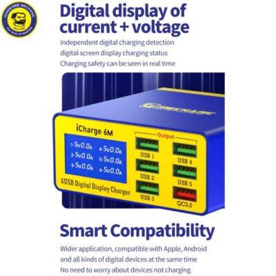 Mechanic iCharge 6M.Charging Ports: It features six USB ports for simultaneous charging, including five standard ports and one QC 3.0 fast-charging port.