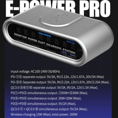 Mechanic E-Power Pro desktop charging station.It offers 200W total power with 8 ports and 15W wireless charging.