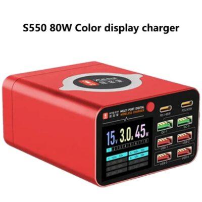 YCS S550 is a desktop fast-charging station featuring 8 total ports and a digital color display.