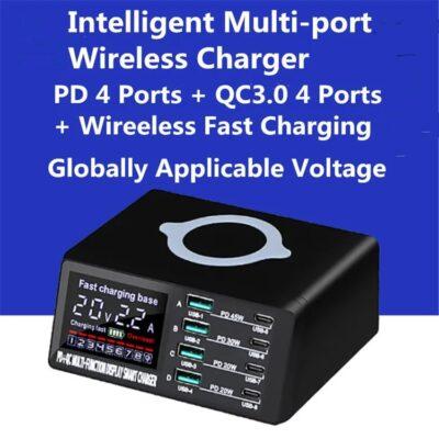 0W 8-port USB fast-charging station with an additional Qi wireless charging top.
