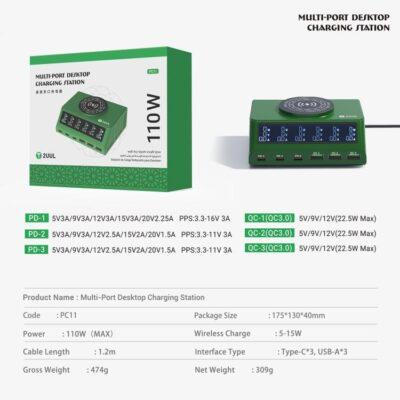 2UUL PC11 Multi-Port Desktop Charging Station.Total Power and Ports: Features a total output of 110W across three USB-C (PD) and three USB-A (QC) ports.Wireless Charging: Includes a top-mounted 15W magnetic wireless charging pad.Display: Equipped with a digital display for real-time voltage and current monitoring.