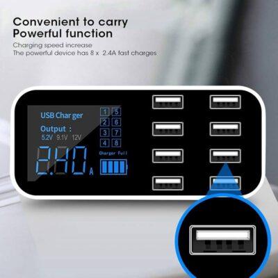 Microware A9S 8-Port USB Charging Station that features a built-in LCD display showing voltage and current.The device offers eight USB ports with a total output capability and intelligent protection systems.It is designed for both vehicle use and desktop charging for multiple devices like phones and tablets.