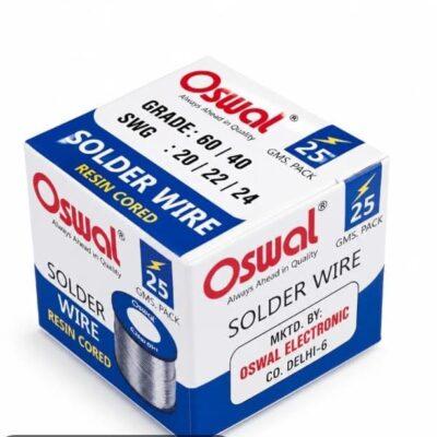 25-gram pack of Oswal resin-cored soldering wire.The wire has a composition of 60% Tin and 40% Lead, ideal for electronic soldering.It is available in gauges (SWG) of 20, 22, and 24